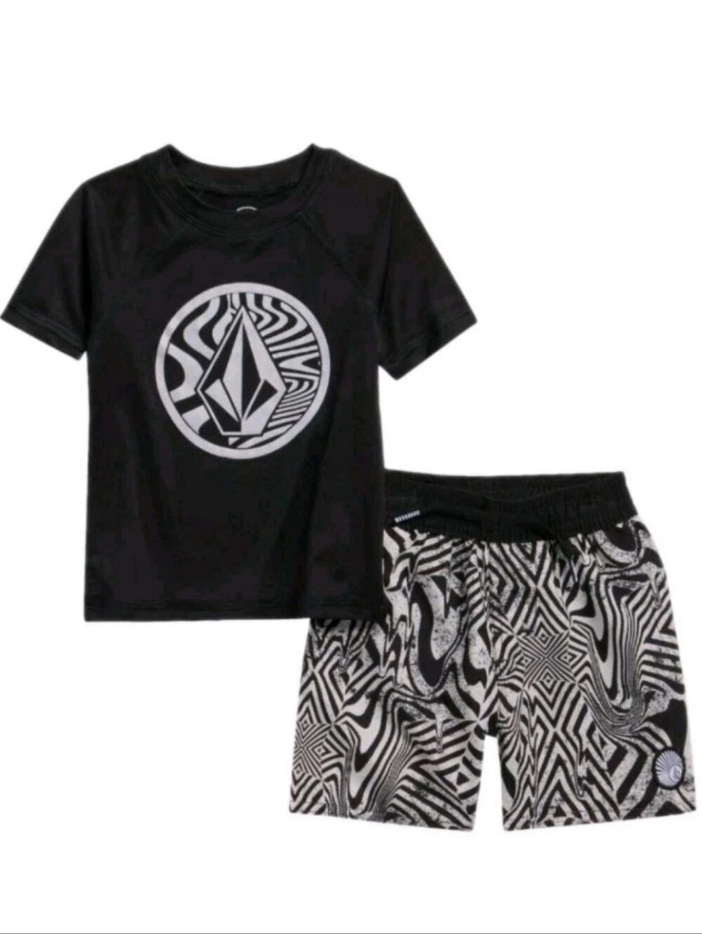 Volcom Black & White Rashguard Top & Swim Shorts Set